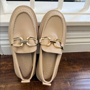 Zara Women's Beige Loafers with Gold Detail